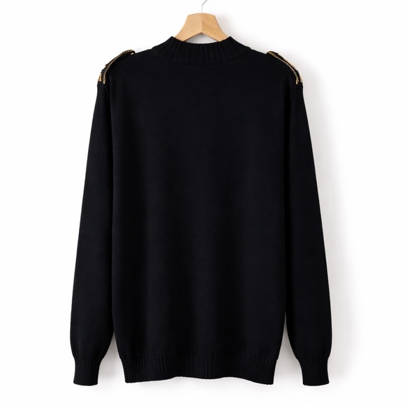 St. John Collection by Marie Gray Black Knit Sweater Gold Military Shoulder Sz M - Picture 3 of 7